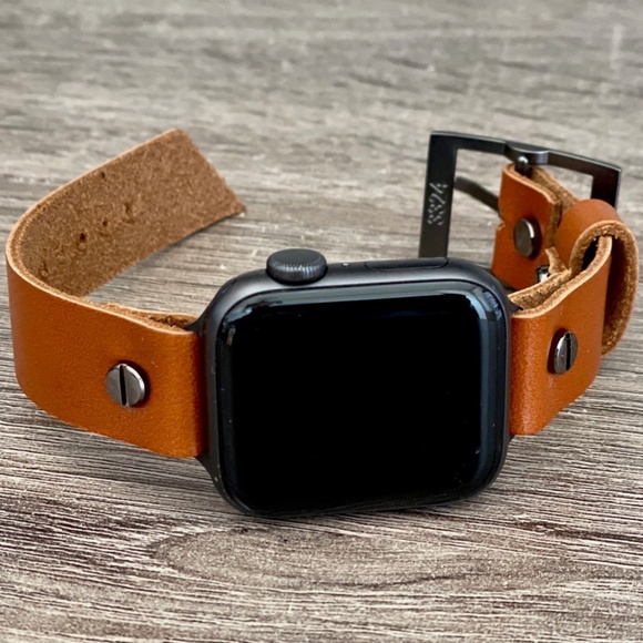 Light Brown iWatch Series 7 Leather Band Black Metal Women Jewelry Bracelet main image 4
